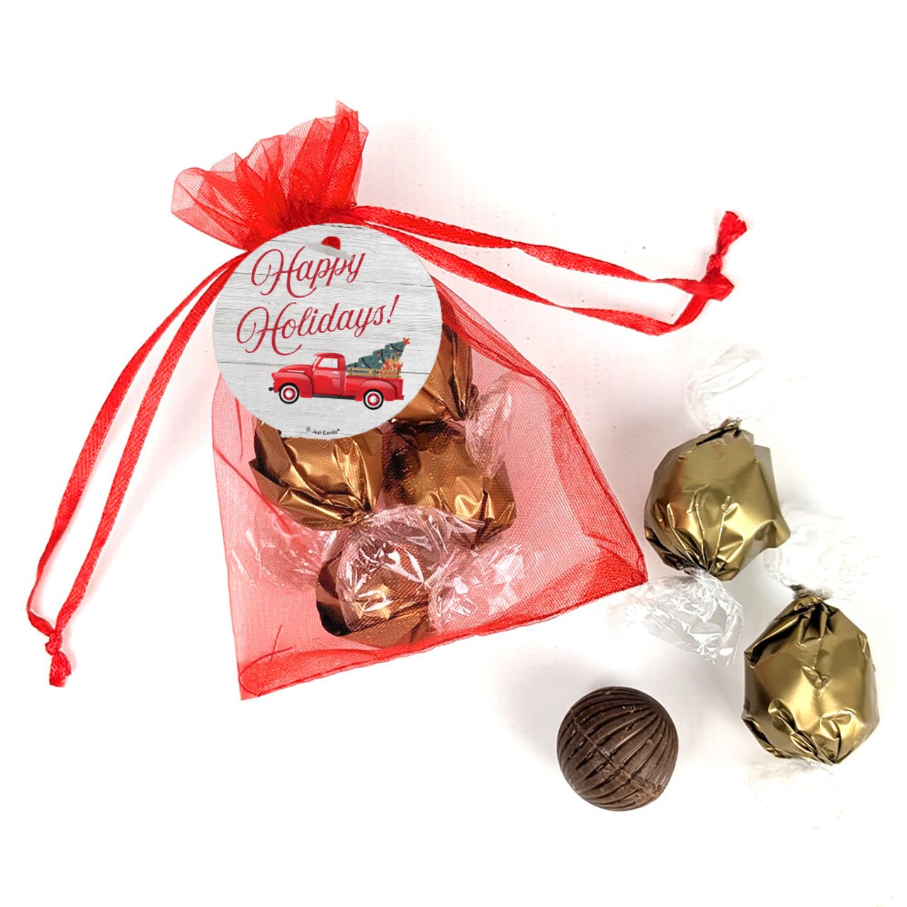 Happy Holidays Red Truck Red Organza Bag Favor Filled With Milk Chocolate Dubai Truffles For Christmas Gifting, Holiday Favors, Party Giveaways & More (24 Pack)